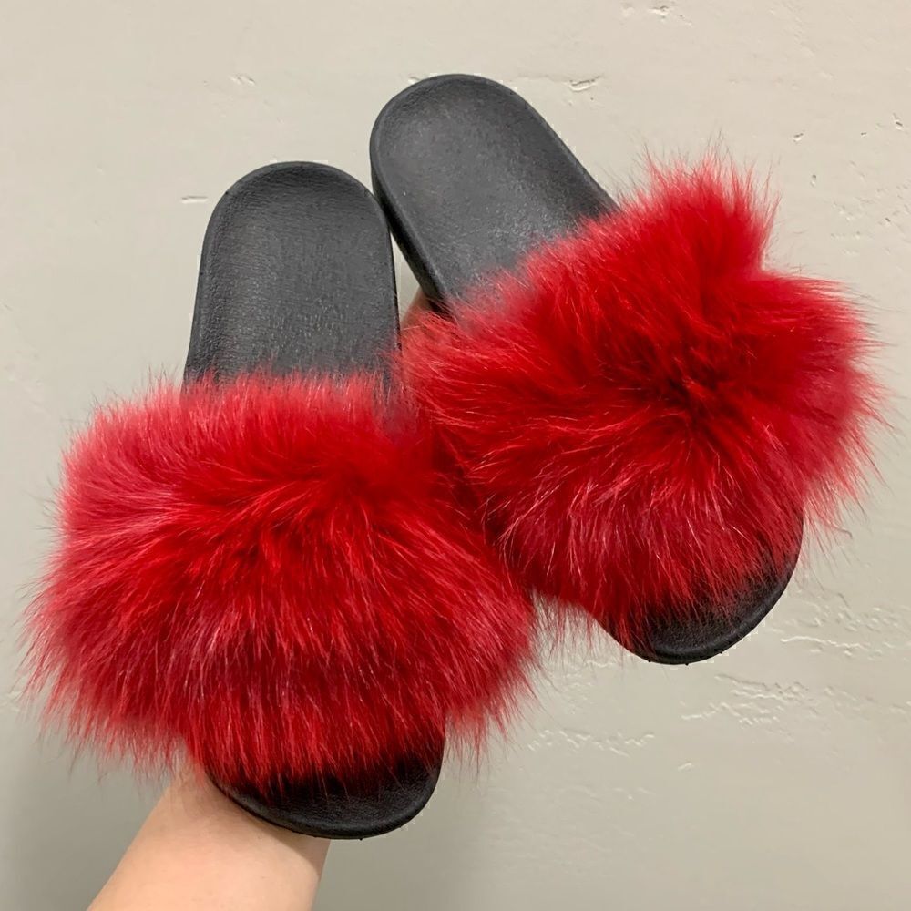Handmade Red Fluffy Genuine Fox Fur Slippers, Soft Slide